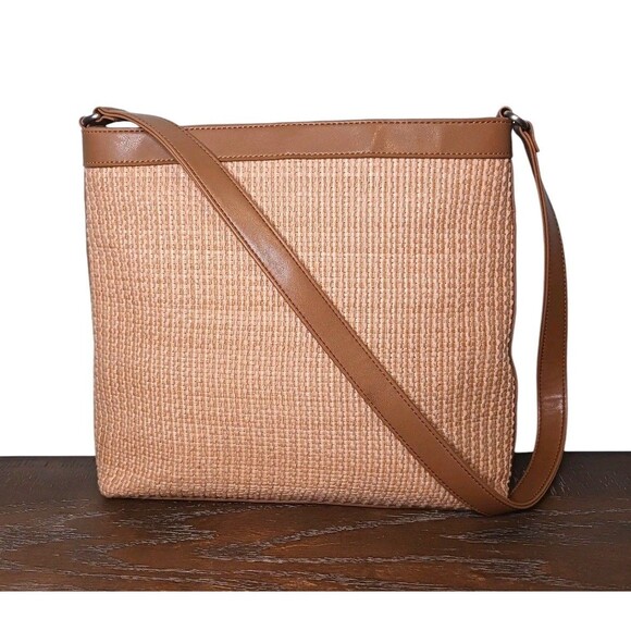 Fossil Handbags - Vintage Fossil Tan Woven Straw Brown Leather Strap Tote Shoulder Bag Boho Y2K